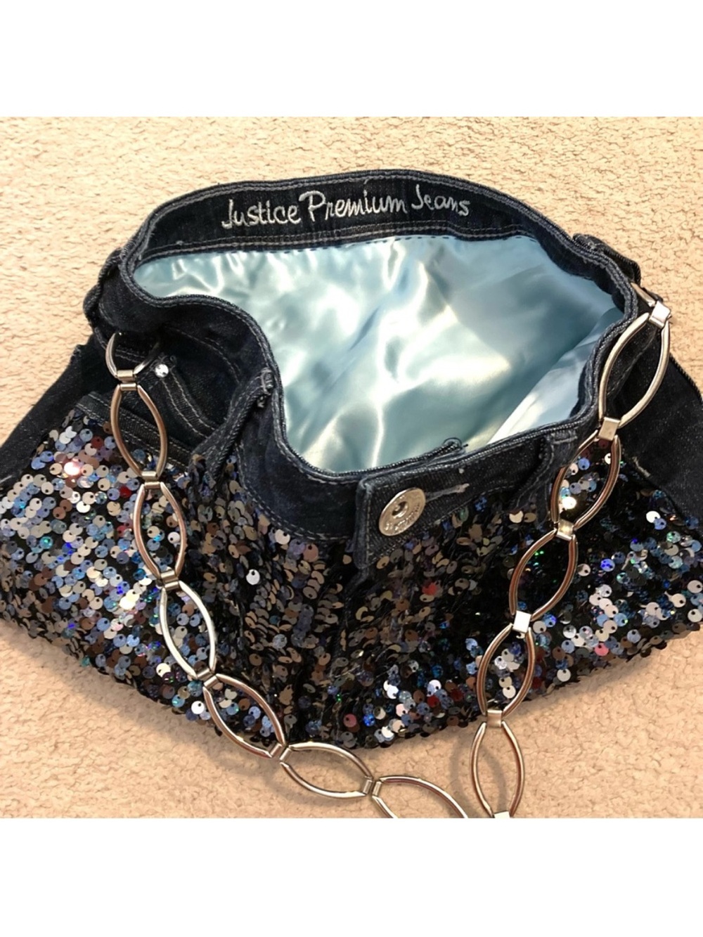 Justice Blue Denim Metallic Sequin Shoulder Purse Bag